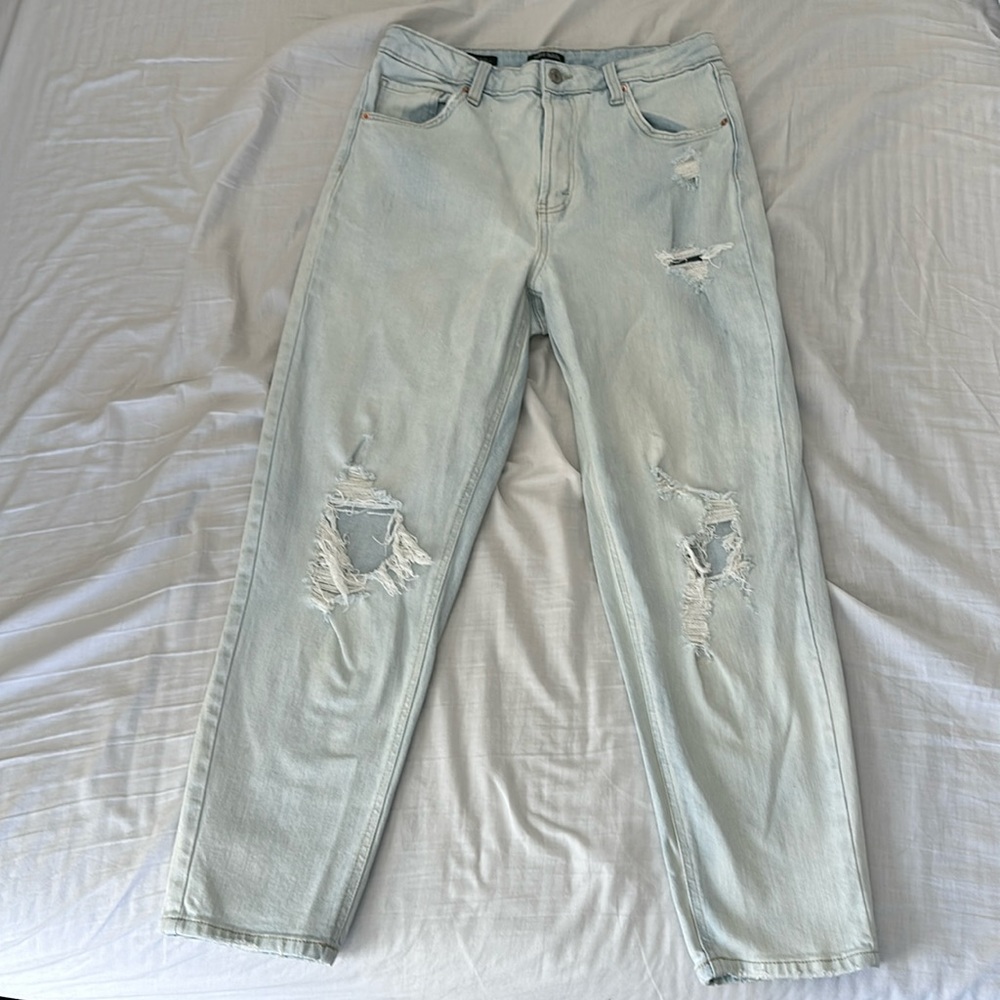 High Rise Light Wash Ripped Mom Jean